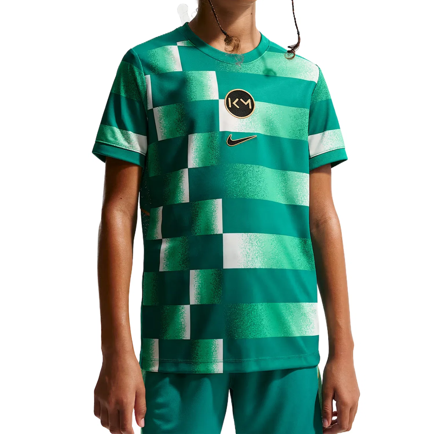 Детский спортивный топ с круглым вырезом, умеренной растяжимости, Rio Blue Green/Element Gold/Metal Gold, Nike