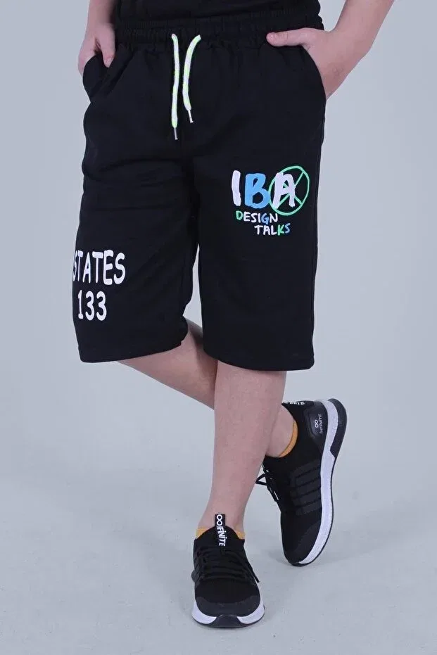 Детские шорты для мальчиков с принтом Iba text printed double pocket detailed boy's black capri shorts Panio Kids, Black — фото 3