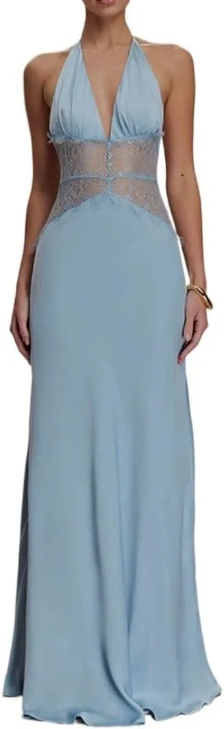 Женское вечернее платье с глубоким декольте и открытой спиной Satin, Blue