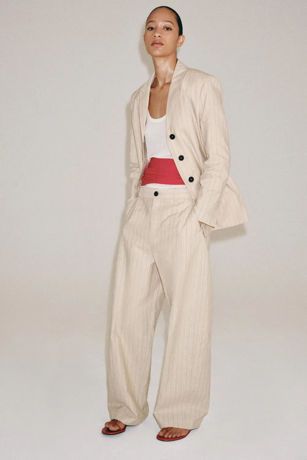Брюки из полосатой льняной смеси из коллекции ZW ZARA, Ecru/Black — фото 2