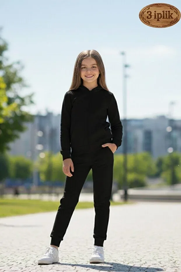 Детский спортивный костюм с принтом 3 thread ş fleece-lined 23 b printed zippered tracksuit set Cm Buseyiz, Black — фото 2