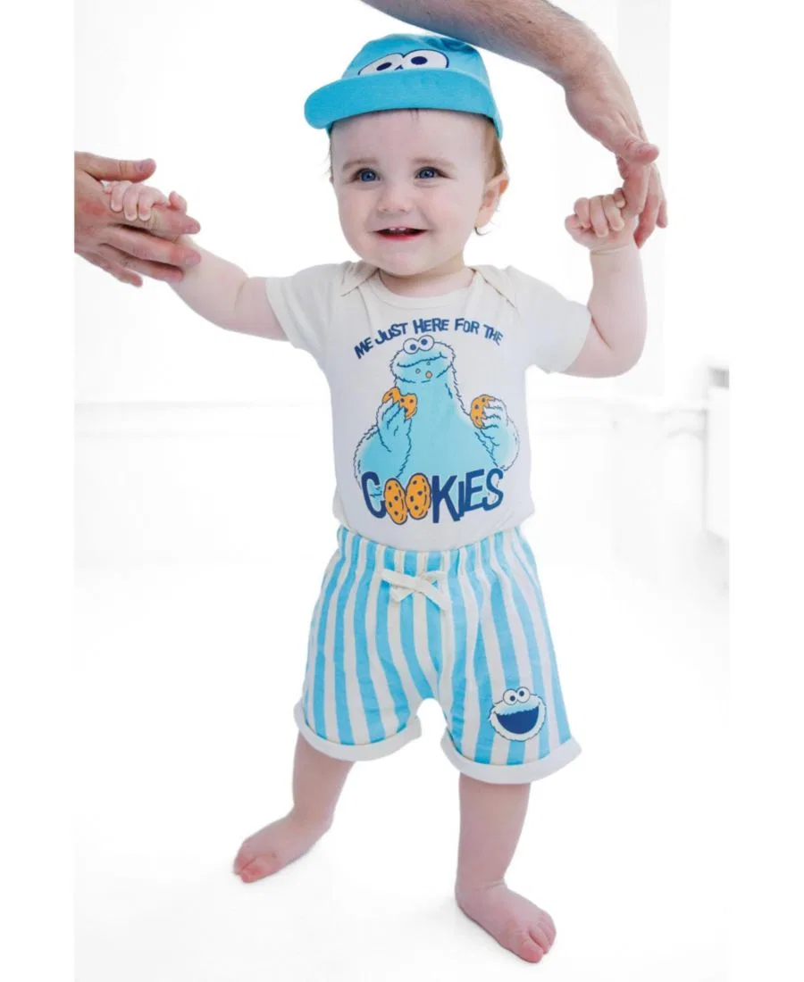 Комплект из боди, шорт и кепки "Baby Cookie Monster" Sesame Street, Cookie Monster Blue — фото 3