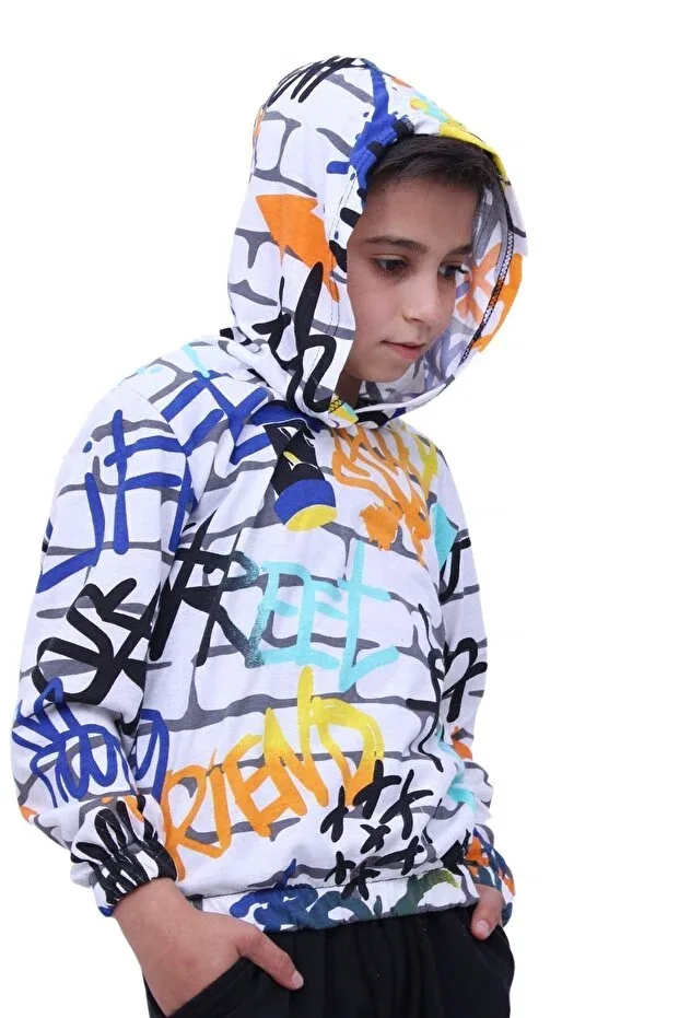 Детское худи для девочек с принтом Emoji patterned hooded sweatshirt 2 threads Ya Ko Kids, White — фото 4