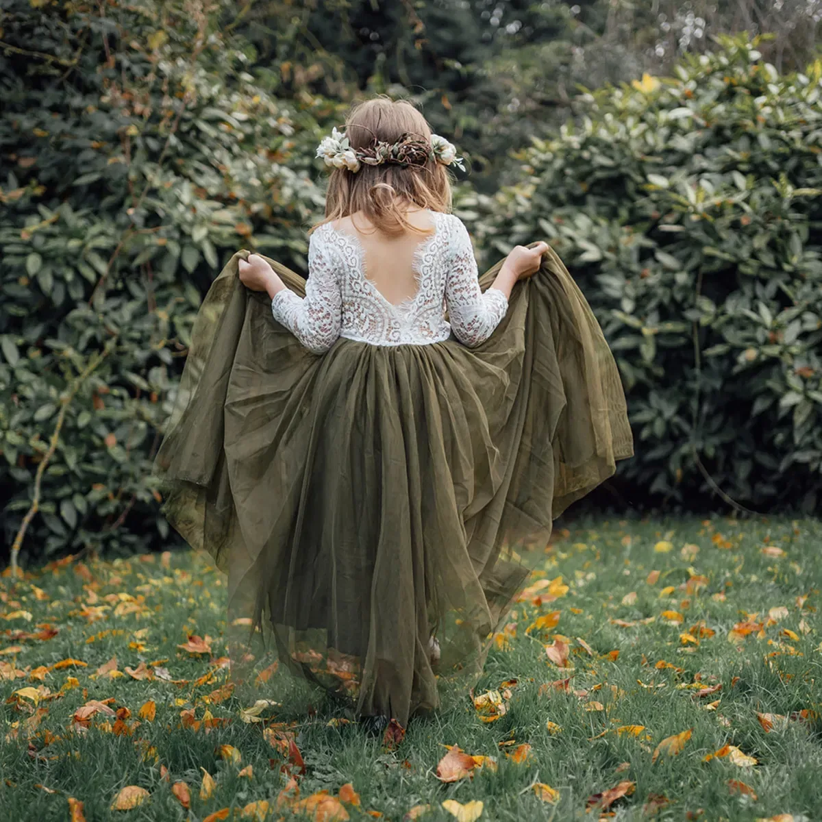 Детское классическое платье с длинным рукавом Uk Flower Girl Boutique, Olive — фото 4