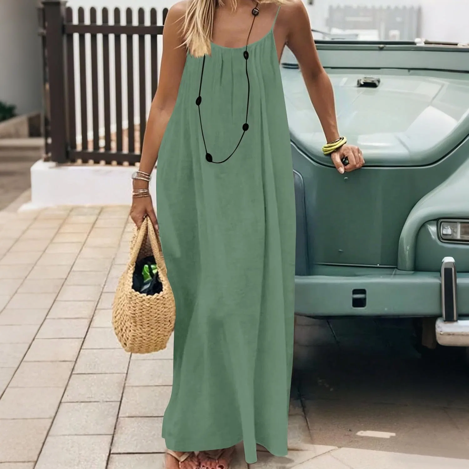 Женское летнее сарафанное платье с открытой спиной без рукавов, Green — фото 3