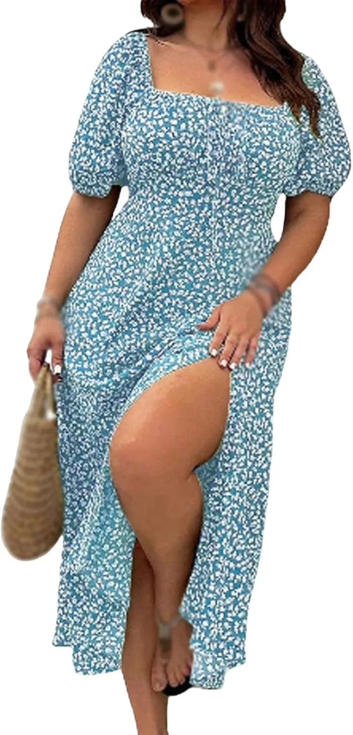 Женское платье с принтом дыши флорал, со шлицей на бедре, Square Neck Puff Sleeve, Blue