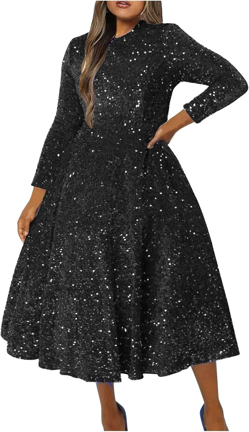 Женское блестящее платье макси с пайетками A-line, Black