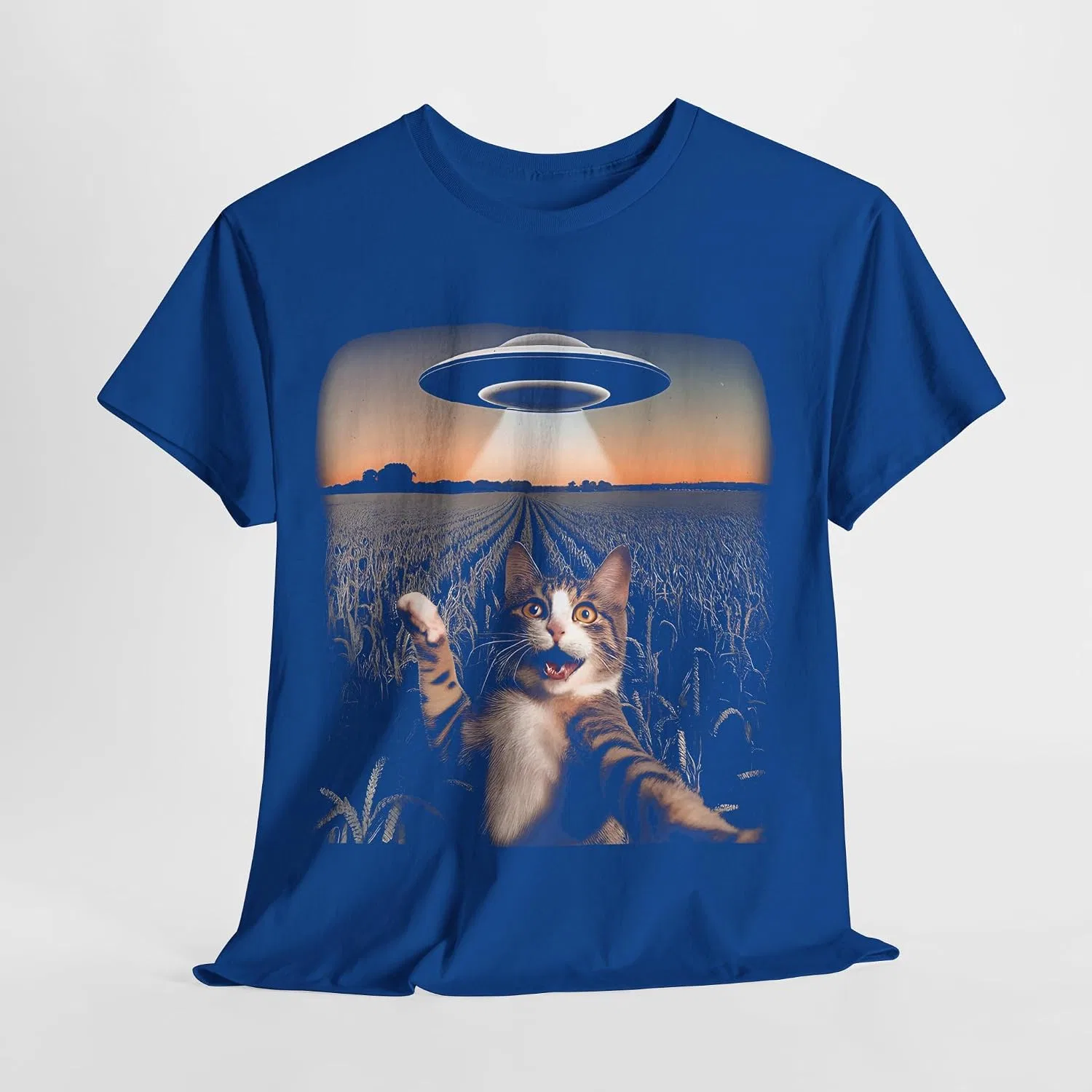 Женская футболка с принтом Cat Selfie with Alien UFO, королевский синий — фото 2