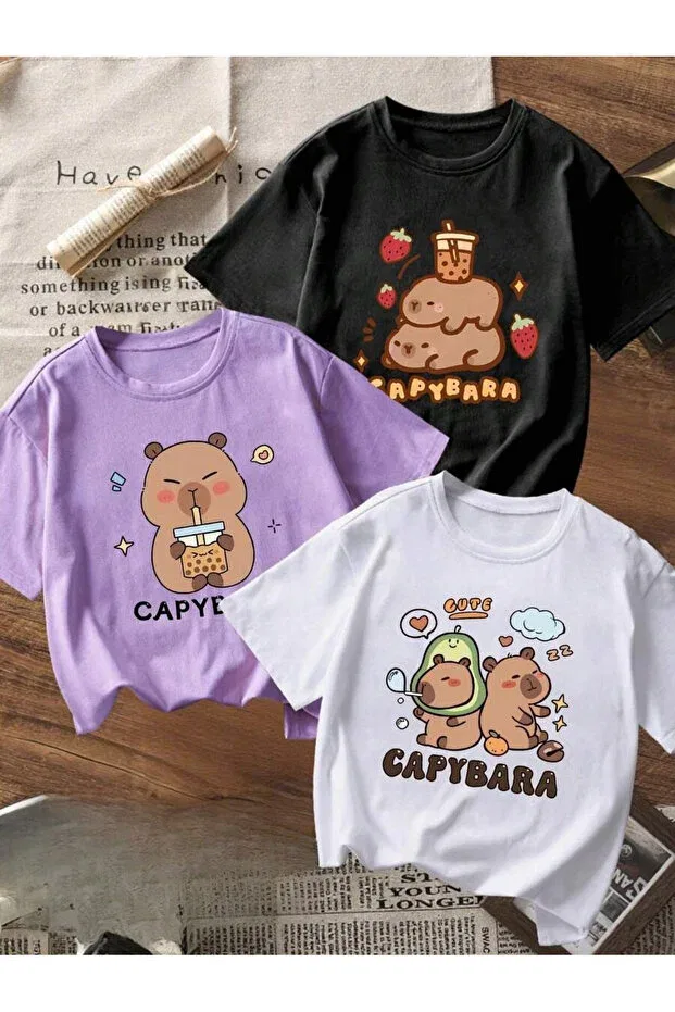Детский комплект футболок для девочек с принтом Cc Collection, Black-White-Lilac