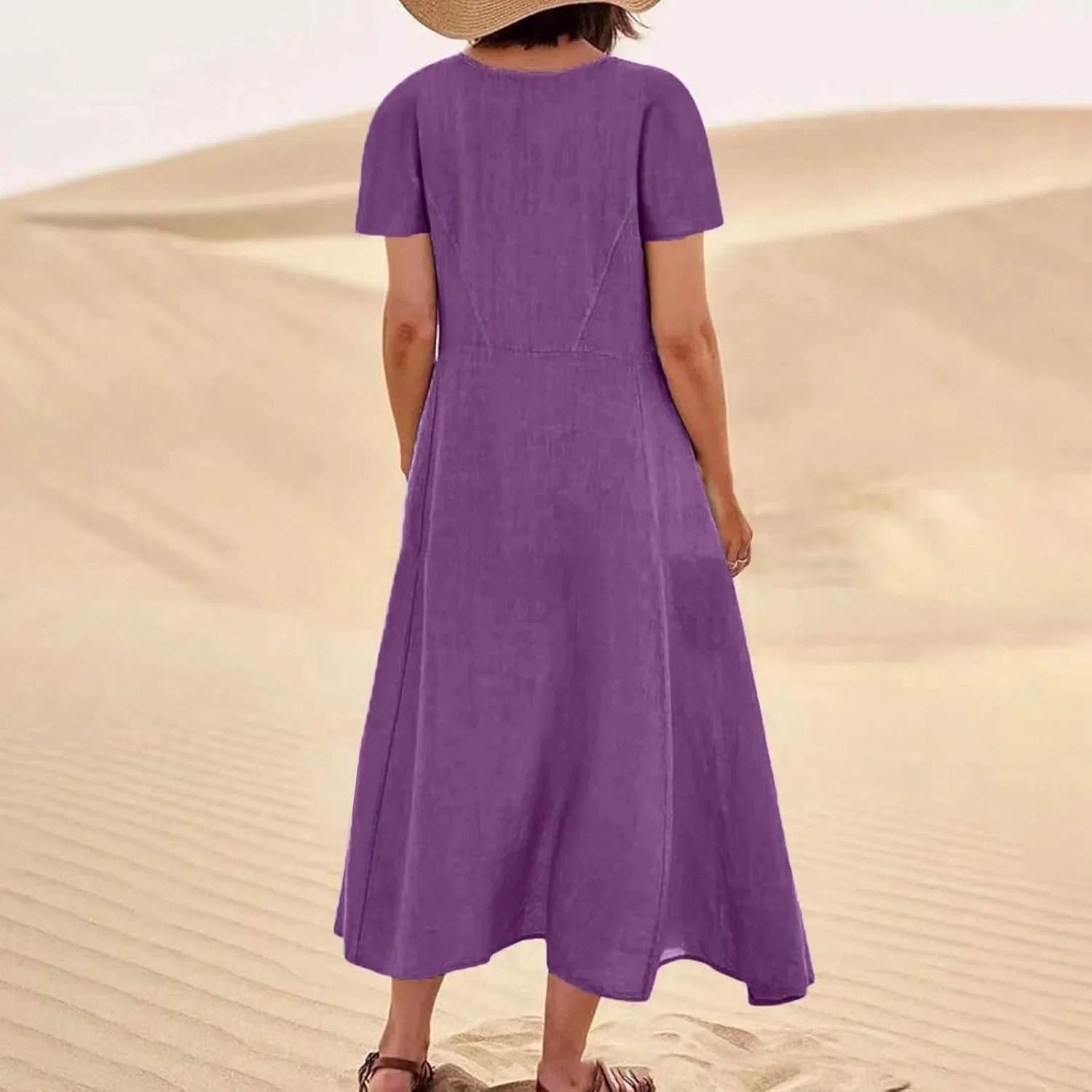 Женское макси-платье с коротким рукавом из хлопка и льна, Purple — фото 3