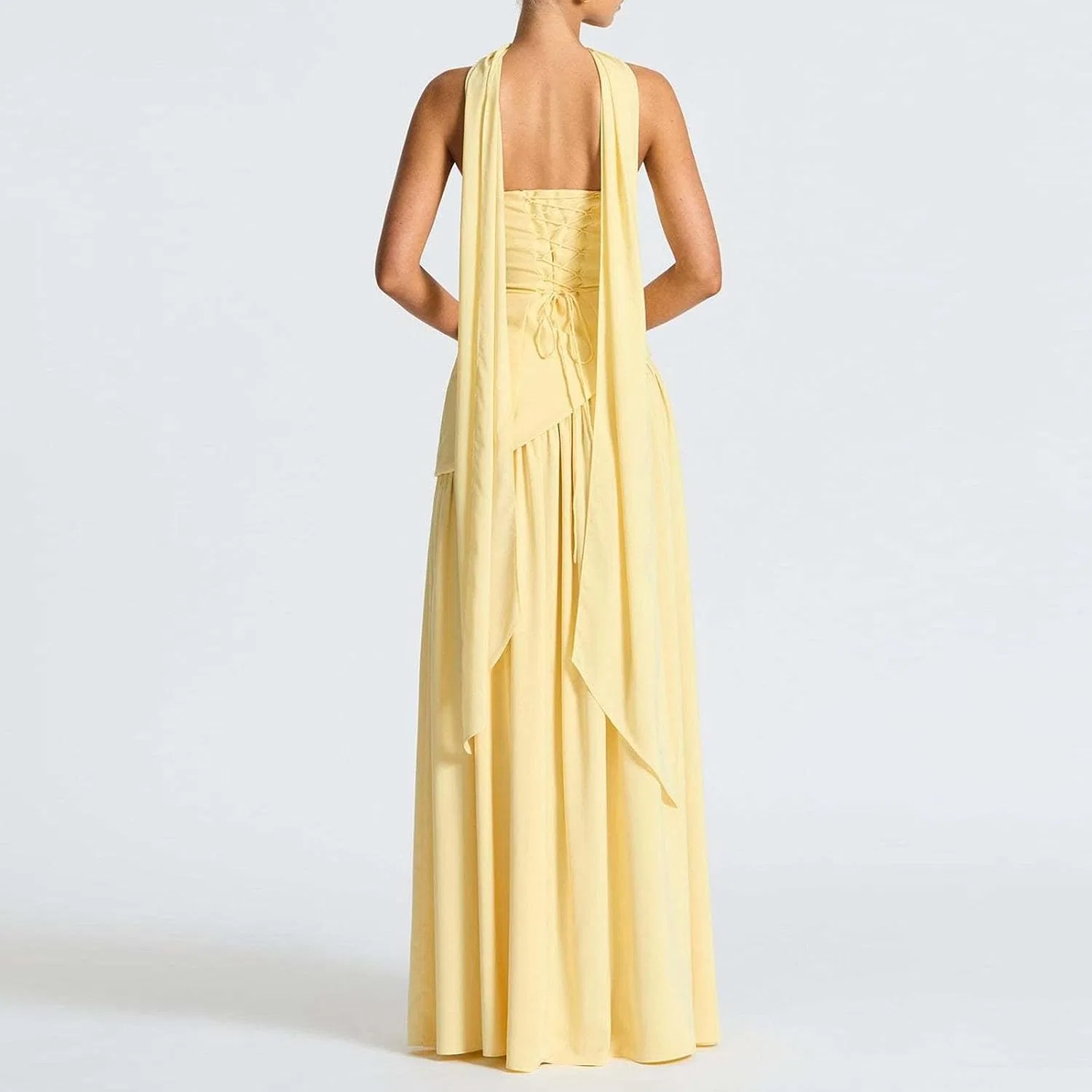 Женское вечернее платье из атласа с запахом, модель Elegant Satin Halter Gown, жёлтый — фото 3