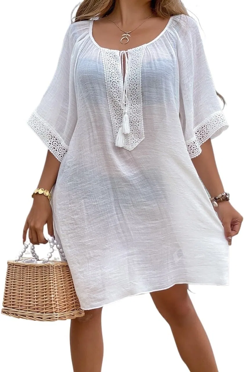 Женская пляжная накидка с кружевной отделкой Tie Neck, White
