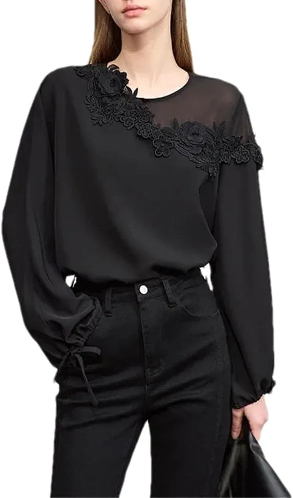 Женская блуза с кружевными вставками офисная шифоновая, Black