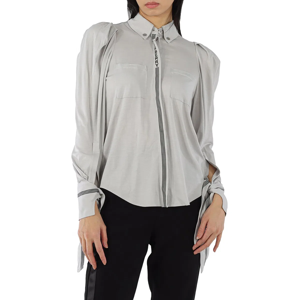 Рубашка женская из шерсти и шелка Stripe And Logo-trimmed Burberry, Grey Melange