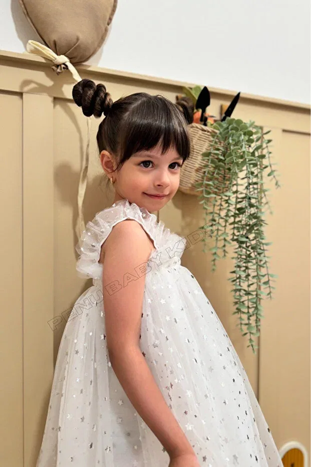 Детское платье для девочек с принтом White strap star printed tulle sleeveless girl's baby girl dress Penu Baby Kids, White — фото 3