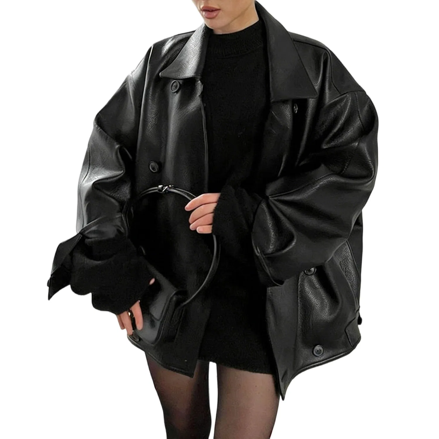 Женская куртка из экокожи оверсайз с двойным рядом пуговиц, Black