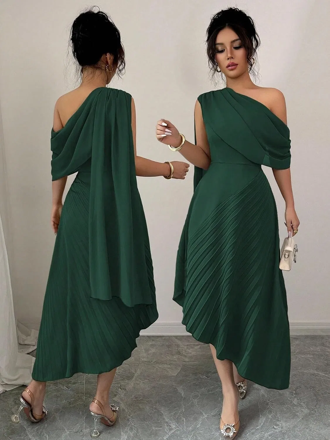 Женское A-силуэта платье с одним плечом, Dark Green — фото 3