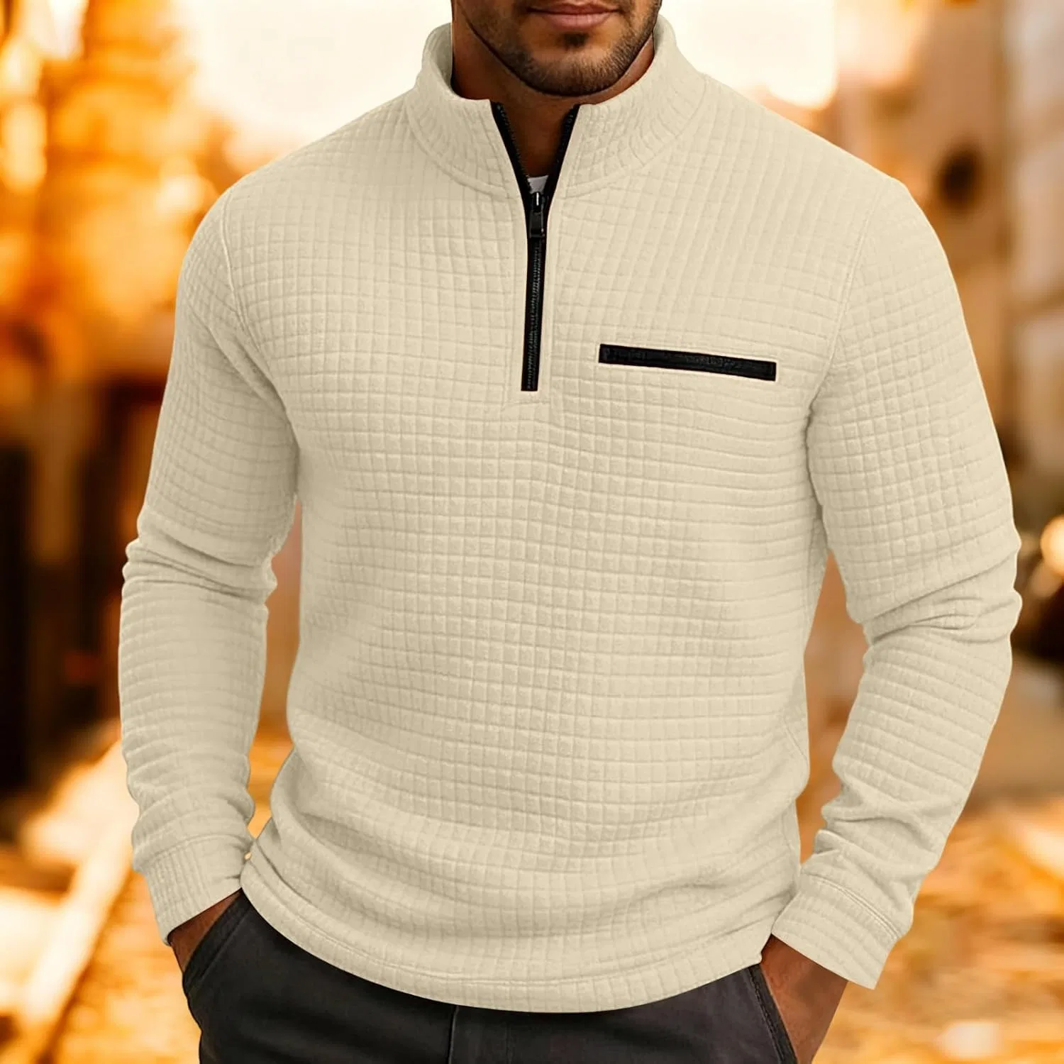 Мужская водолазка с четвертью замком Mock Neck, Beige — фото 3