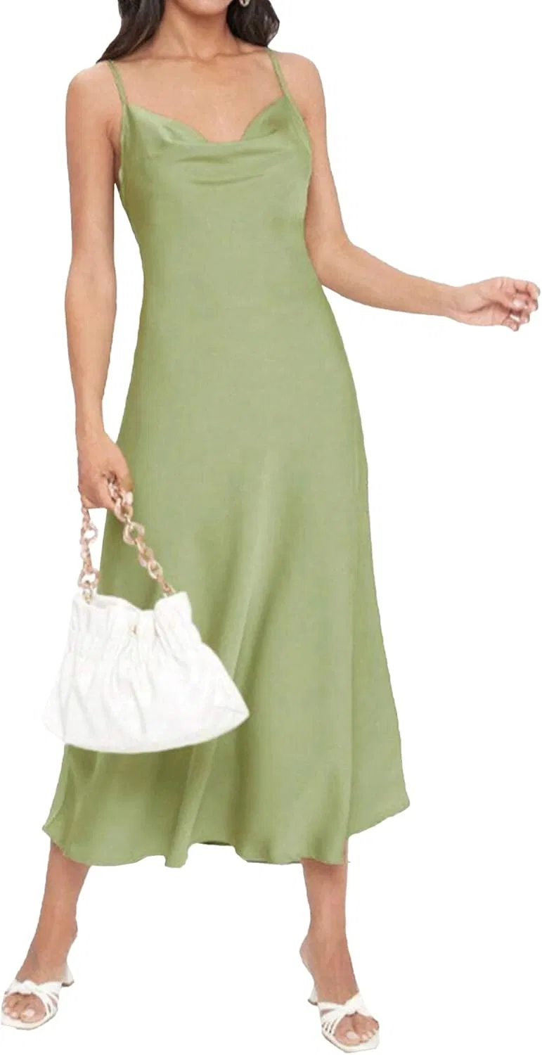 Женское атласное платье миди на тонких бретелях, Light Green
