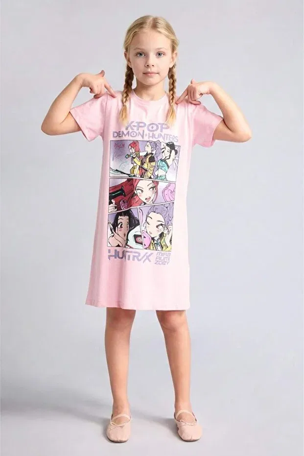 Детское платье для девочек с принтом Kpop - demon hunters short sleeve dress Defacto, Pink-Pn636 — фото 2