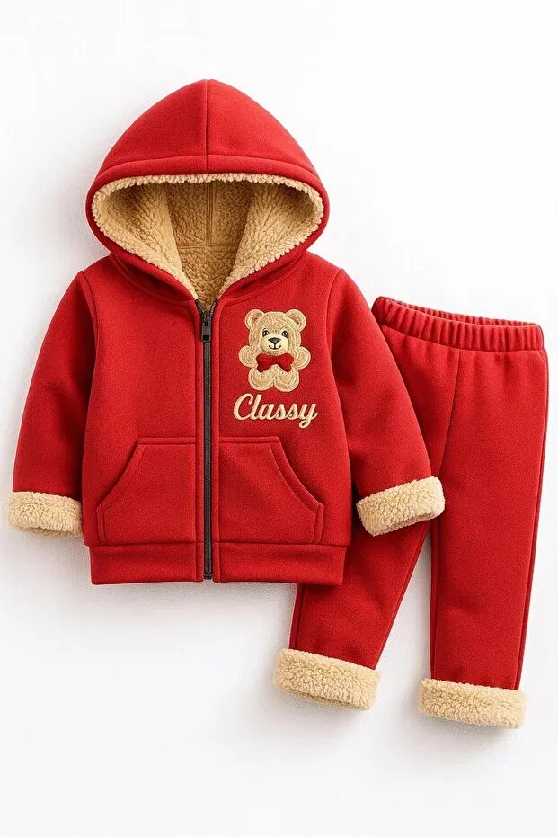 Детский комплект из худи и спортивных штанов с принтом Teddy Bear Detailed Soft Plush Children's Winter Hoodie And Sweatpants Set Classy Moda, Красный