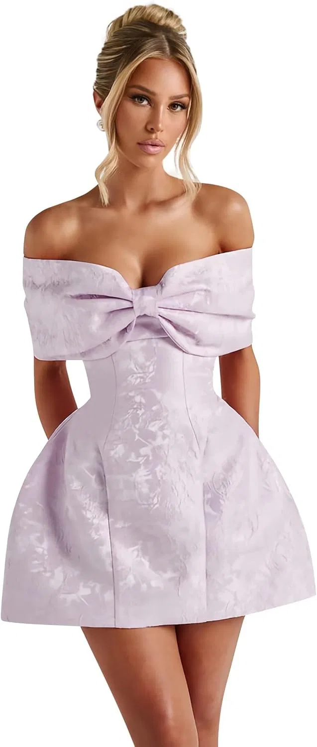Женское короткое платье A-силуэта с открытыми плечами и бантом YHW84, Lilac
