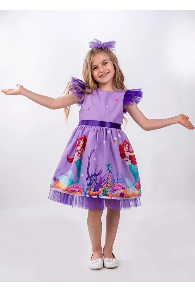Детское платье для девочек с принтом Mermaid patterned tulle detailed Buse&Eylül Bebe, Purple — фото 3