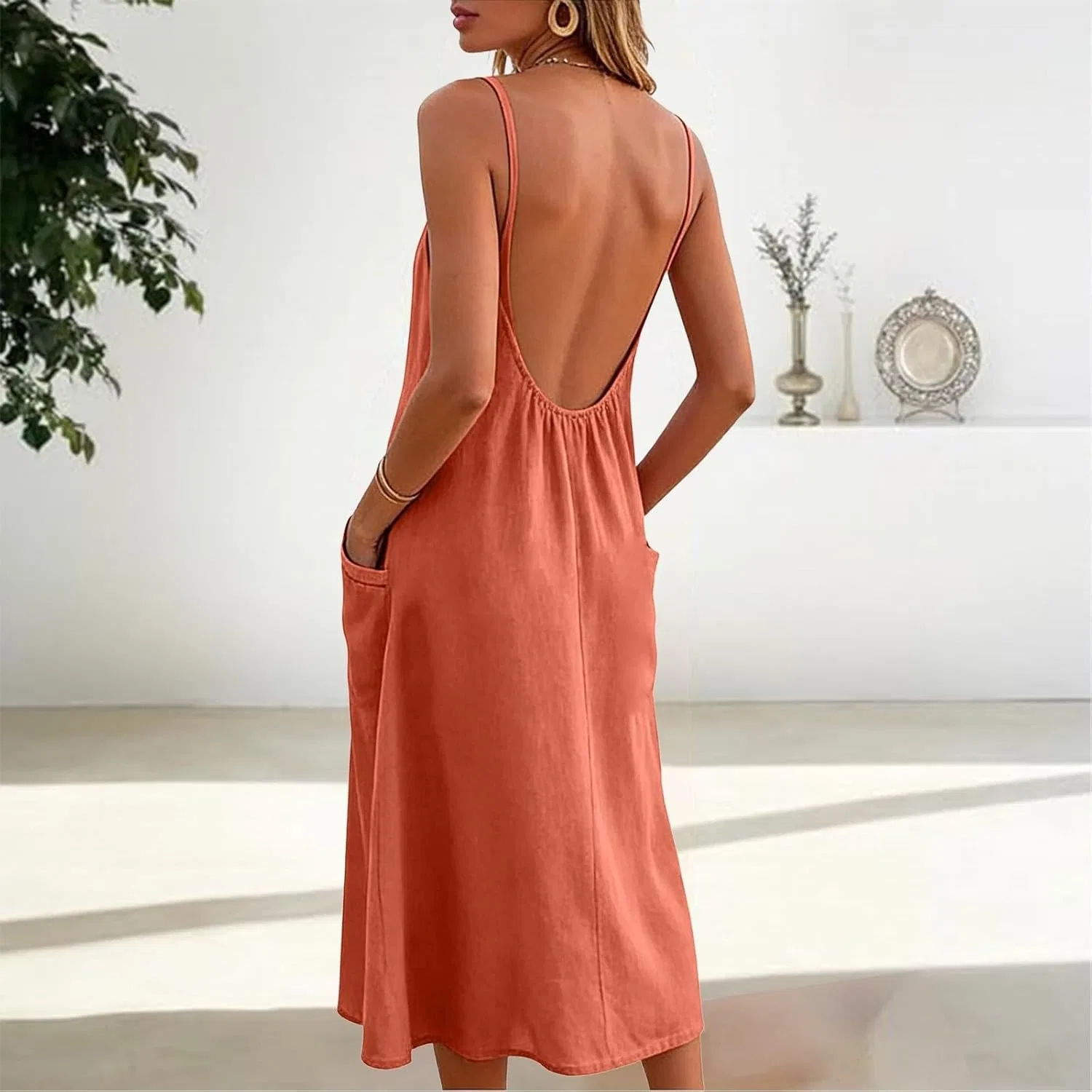 Женское льняное платье на бретелях с открытой спиной Generic, Orange — фото 3