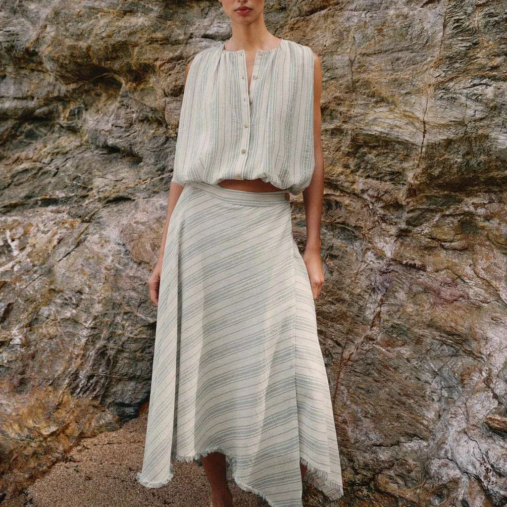 Женская рубашка с круглым вырезом, тонкая, приталенная Nude/Sea Blue ZARA, Nude/Sea Blue — фото 4