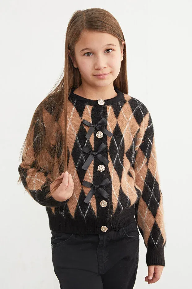 Детский кардиган для девочек с принтом Baklava patterned bowknot buttoned Fulla Moda, Black — фото 4