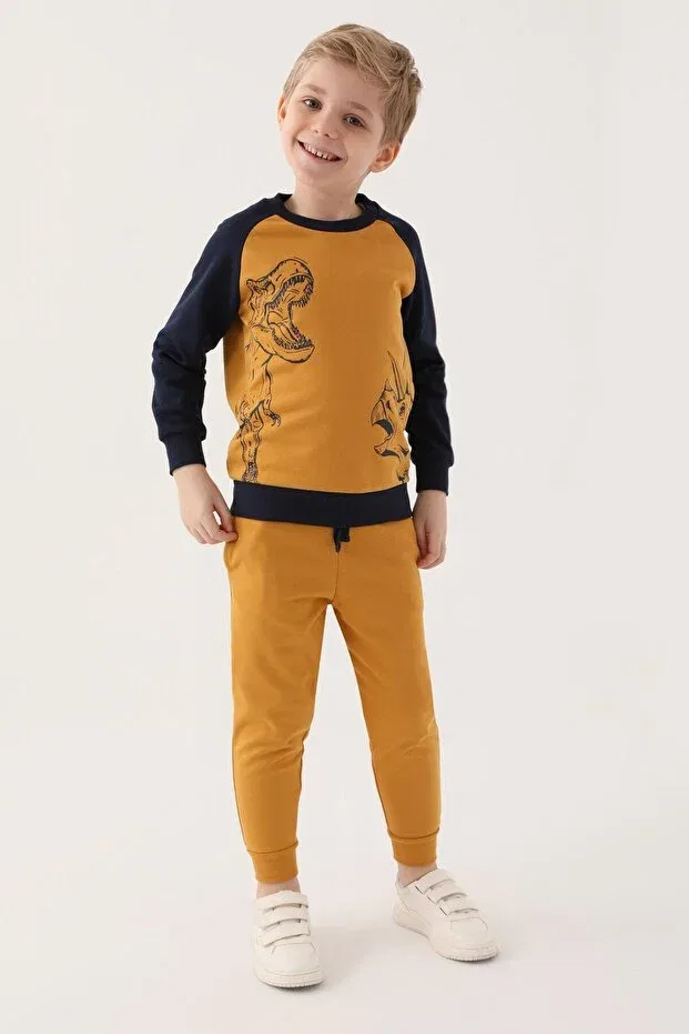Детский спортивный костюм для мальчиков с принтом RolyPoly Dinosaur Printed O Neck Tracksuit Roly Poly, Hardal — фото 2