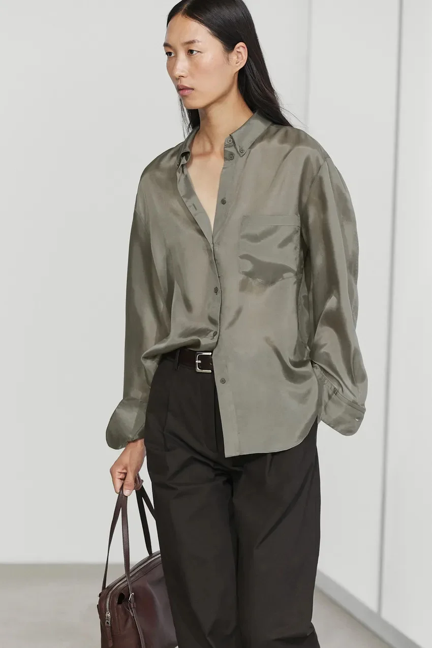 Рубашка Massimo Dutti из купро с нагрудным карманом, серо-зеленый