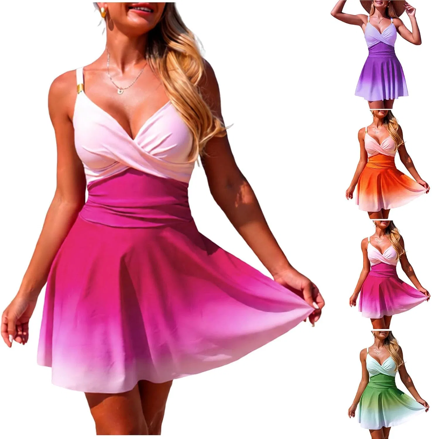 Женский слитный купальник с юбкой Color Block, Pink