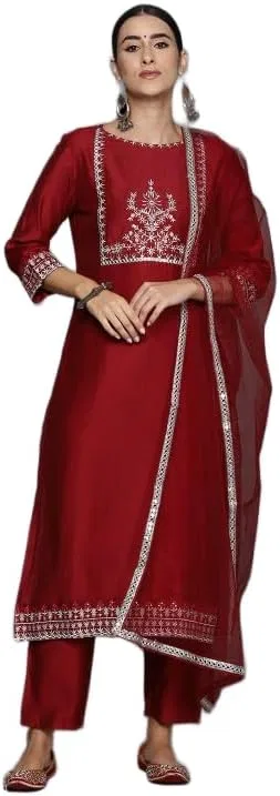 Женское платье-курта с принтом и брюками с дупаттой Cotton Silk, Maroon