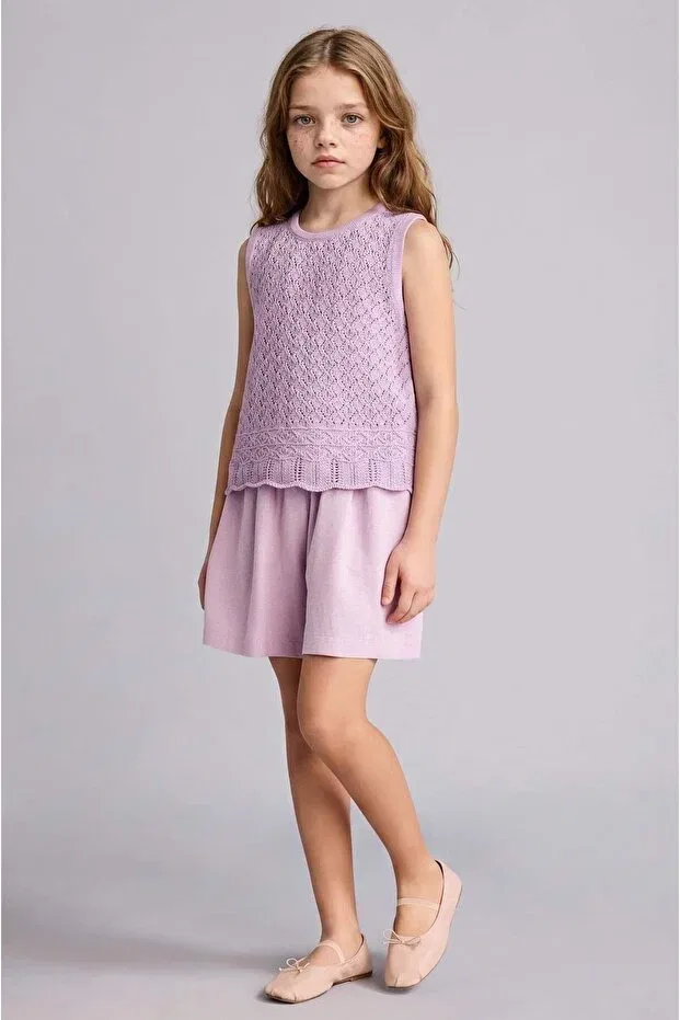 Детские шорты для девочек с широкой штаниной Paperbag Linen Blend Shorts Defacto, Purple-Pr337 — фото 2