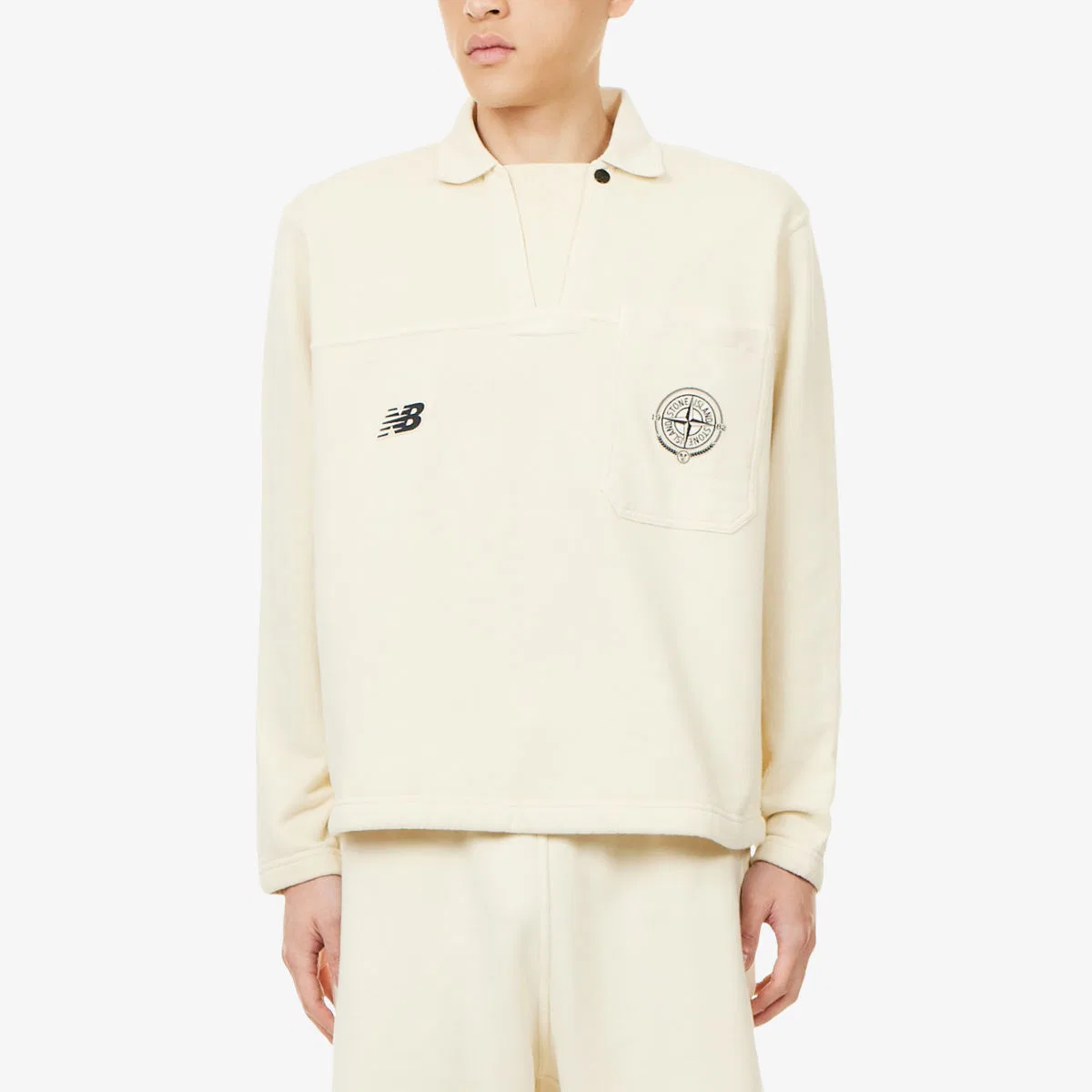 Хлопковая толстовка-поло stone island x new balance drill с логотипом, слоновая кость — фото 3