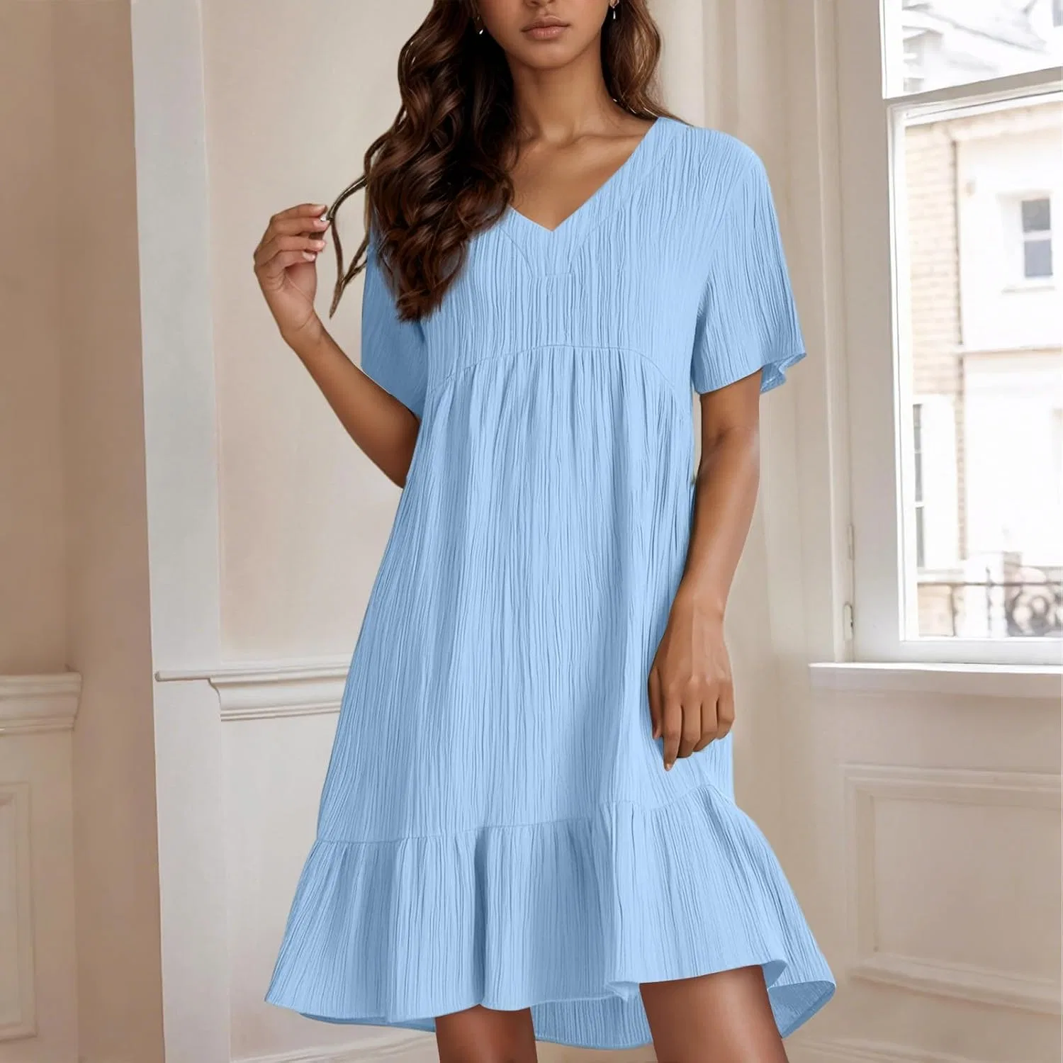 Женское мини-платье свободного кроя с V-образным вырезом Generic, Light Blue — фото 2