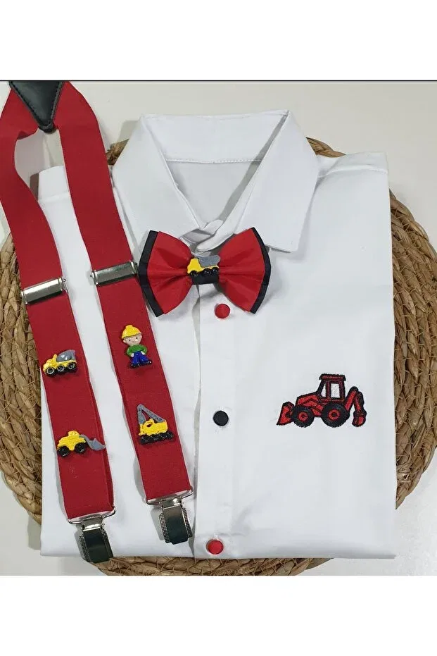 Детская рубашка для мальчиков с длинным рукавом Construction Concept Suspender Bow Tie Shirt Cool Partyshop, Red
