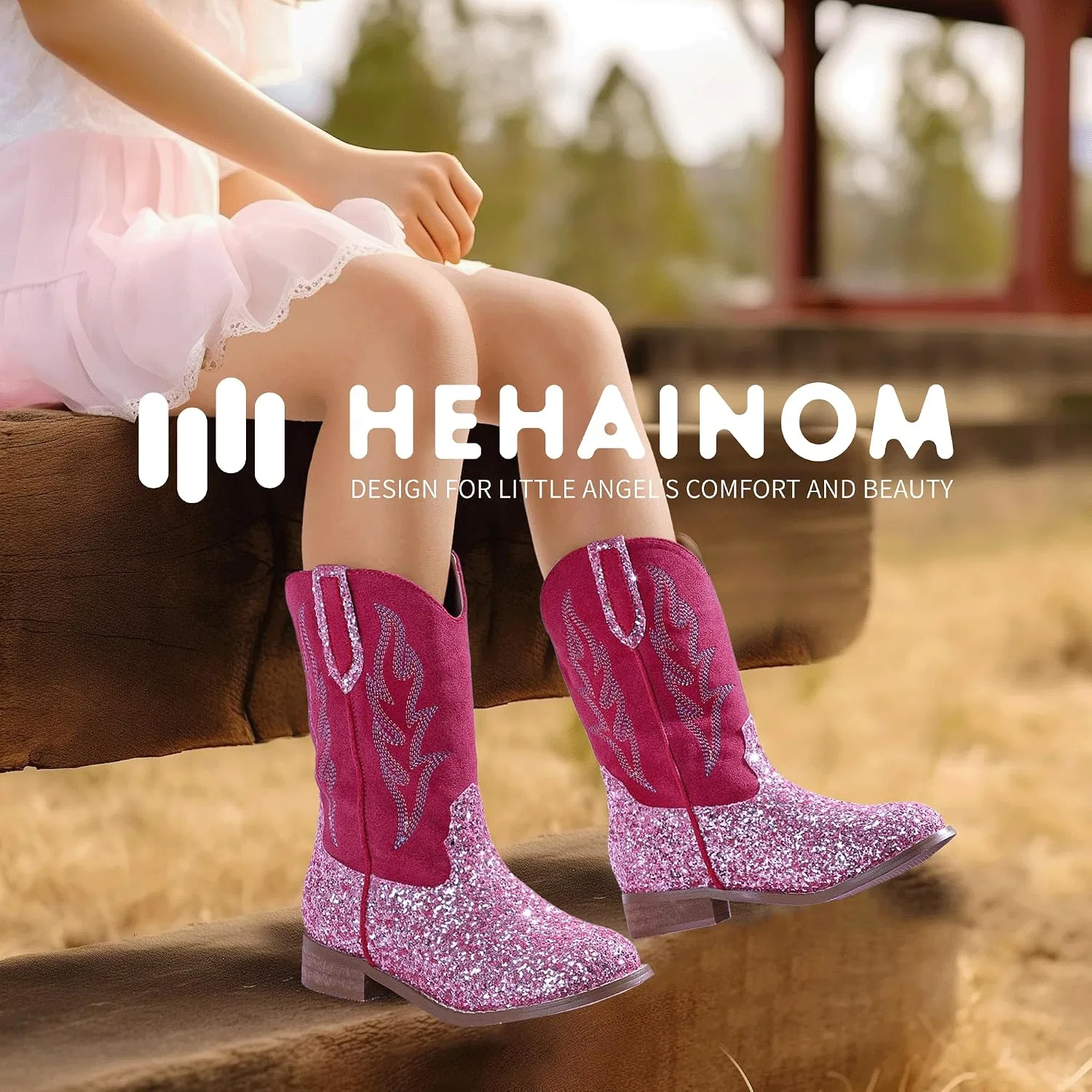 Детские сапоги для девочек с вышивкой Cowgirl Boots Hehainom, Pinksequin — фото 2
