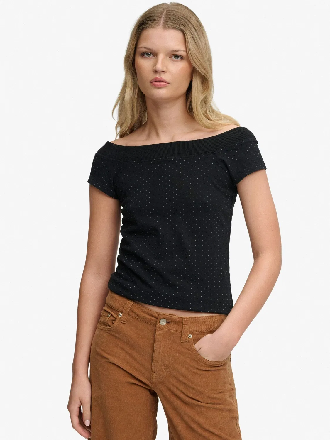 Топ с открытыми плечами, гороховый принт Superdry, Black Polka Dot