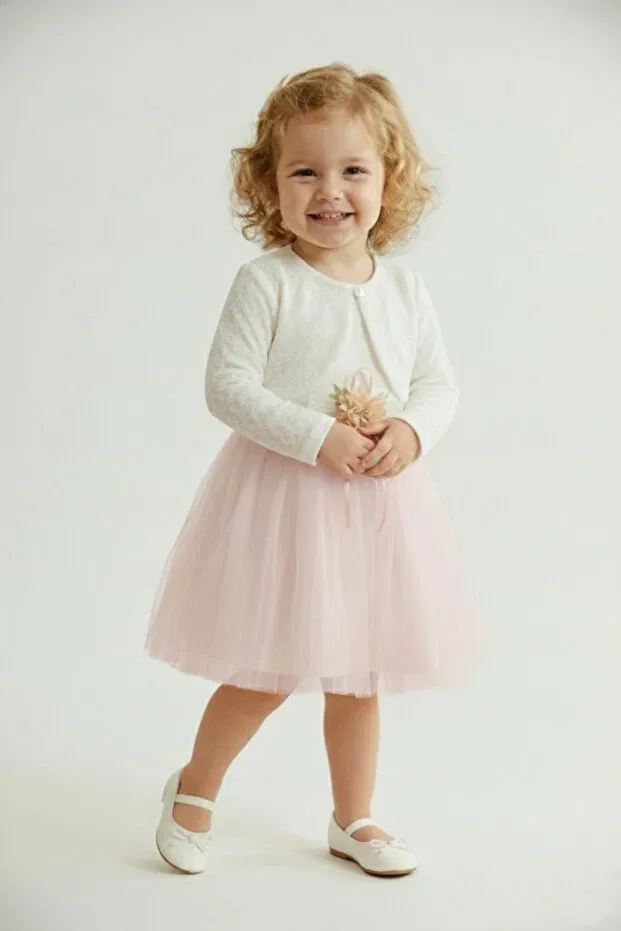 Детское платье для девочек с длинным рукавом Knitwear bolero waist floral baby girl dress m00773 Mnk Baby&Kids, Light Pink — фото 2