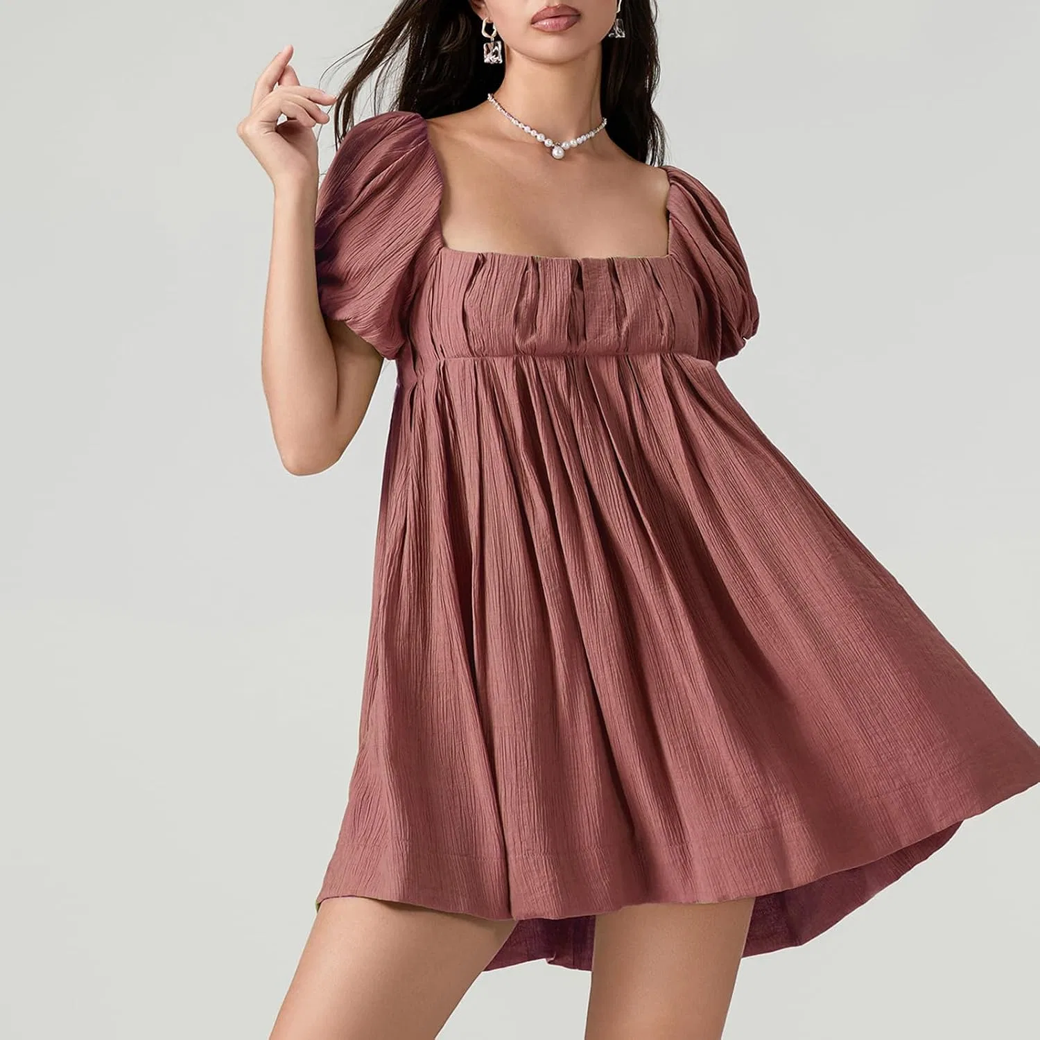 Женское летнее babydoll платье с короткими пышными рукавами, Brick Red — фото 3