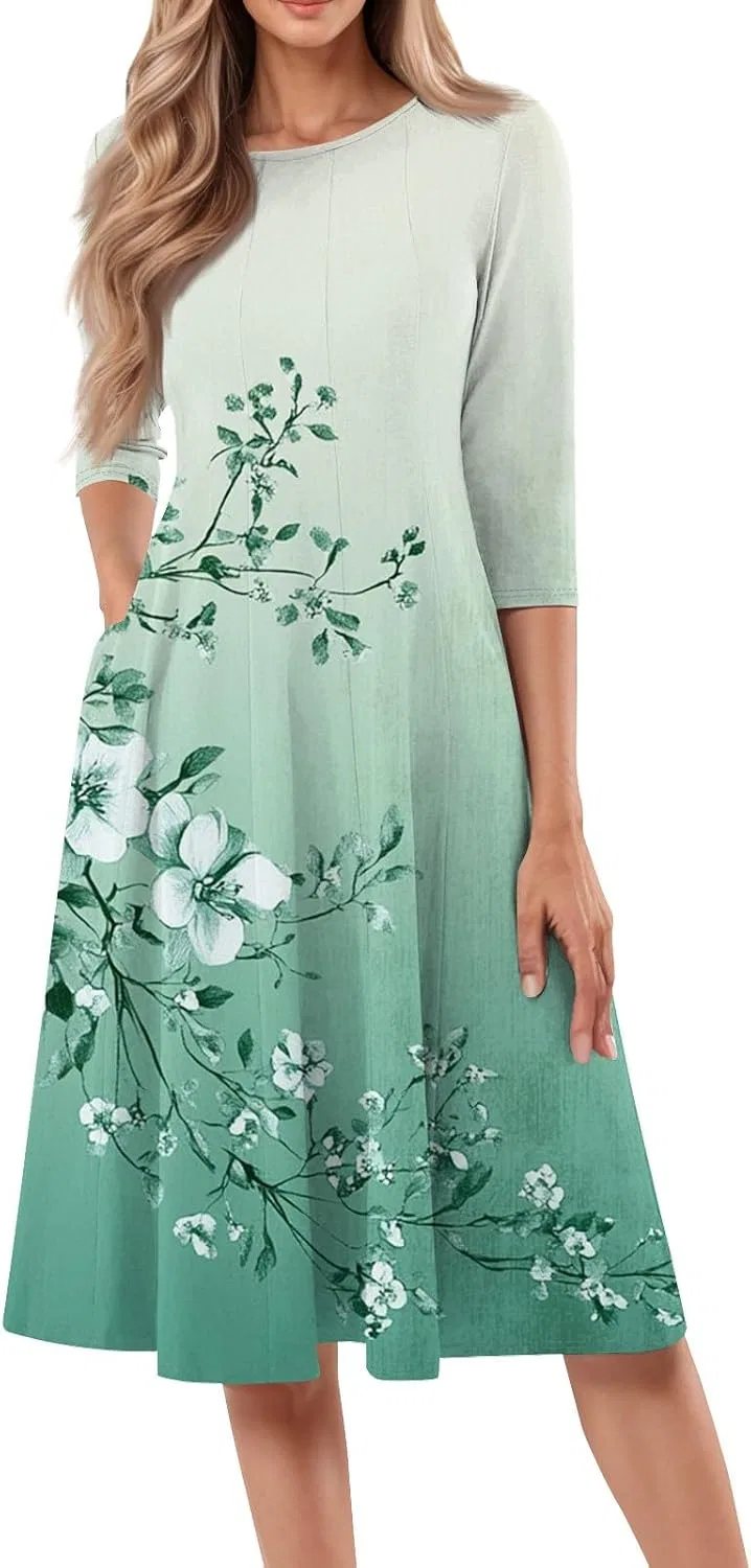 Женское платье А-силуэта с цветочным принтом, 3/4 рукав, Mint Green