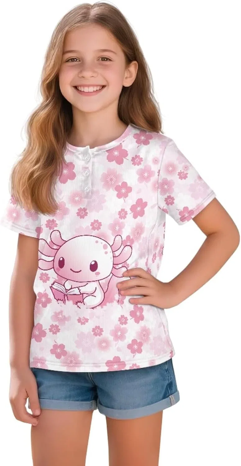Детская футболка с принтом Gzzxiailg, Pink Floral Axolotl