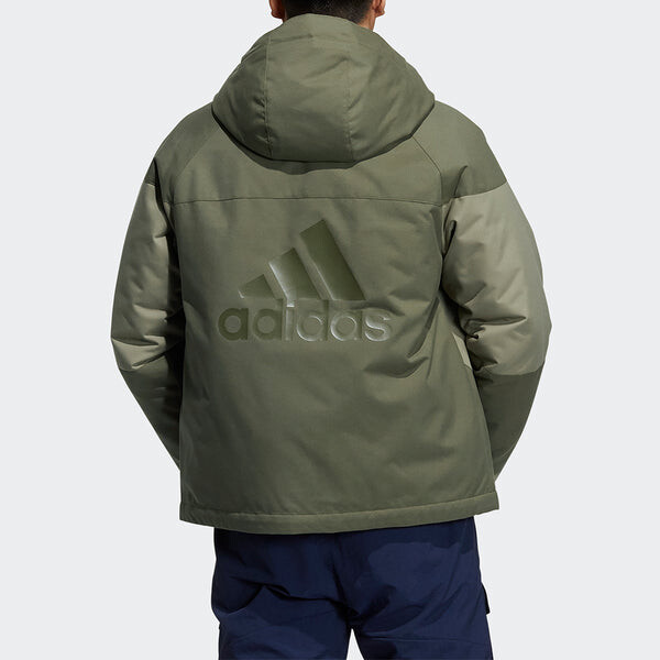 Пуховик Men's adidas Cb Bos Logo Jkt Outdoor Colorblock Sports With Down Feather Military Green Jacket, зеленый — фото 3