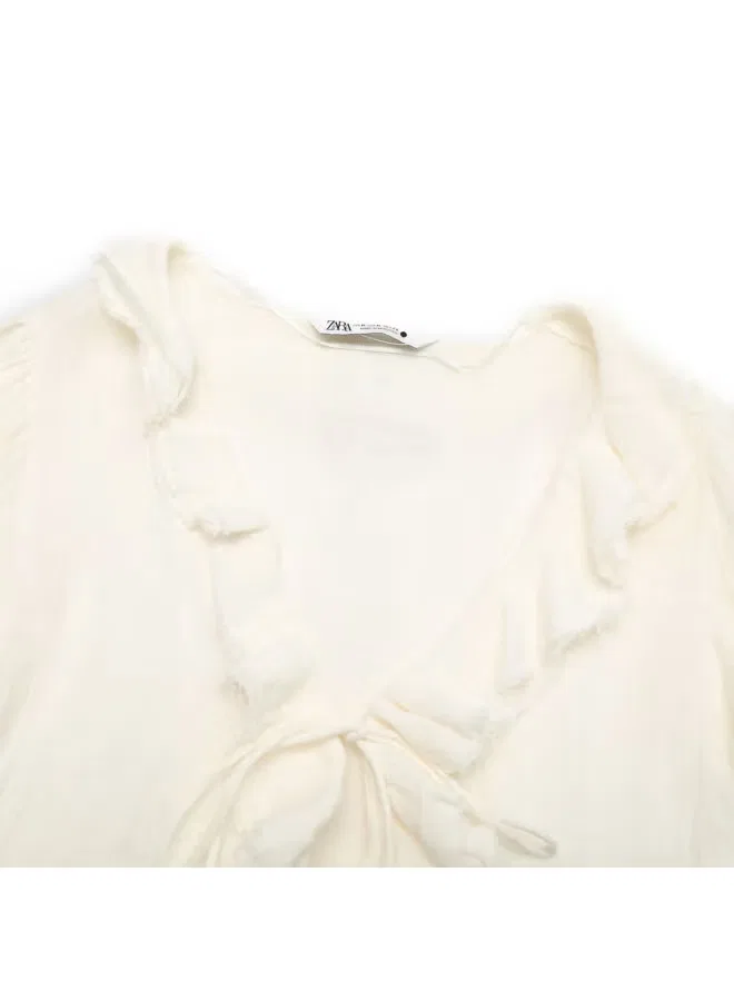 Рубашка с коротким рукавом и завязкой на поясе Zara, айвори — фото 4