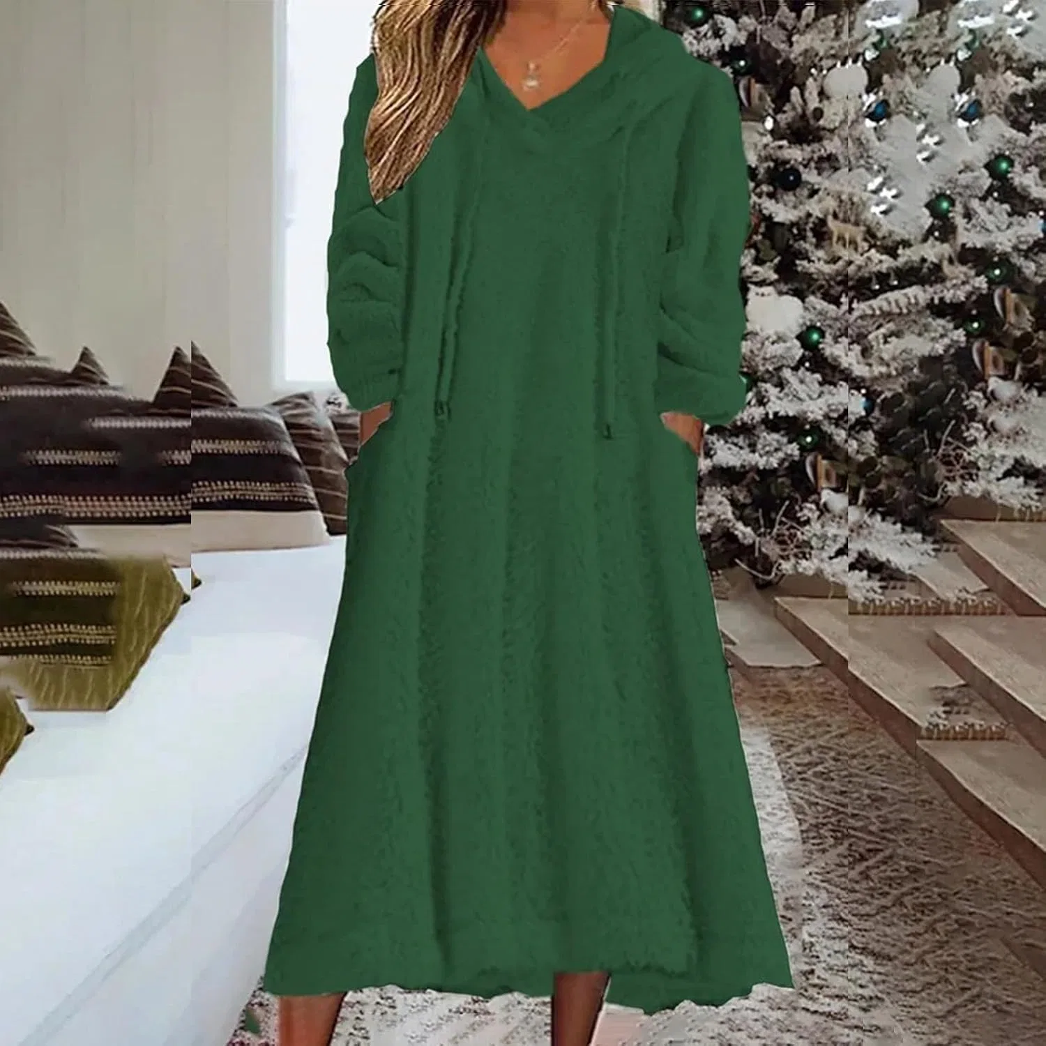 Женское худи-платье из флиса оверсайз с капюшоном, Green — фото 2