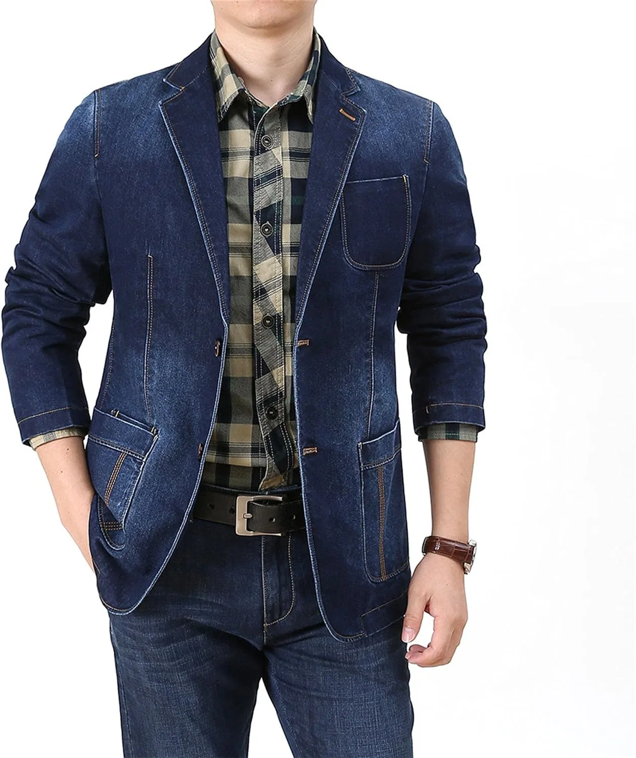 Мужское джинсовое пальто с принтом, Vintage Style Denim Jacket, синий — фото 2