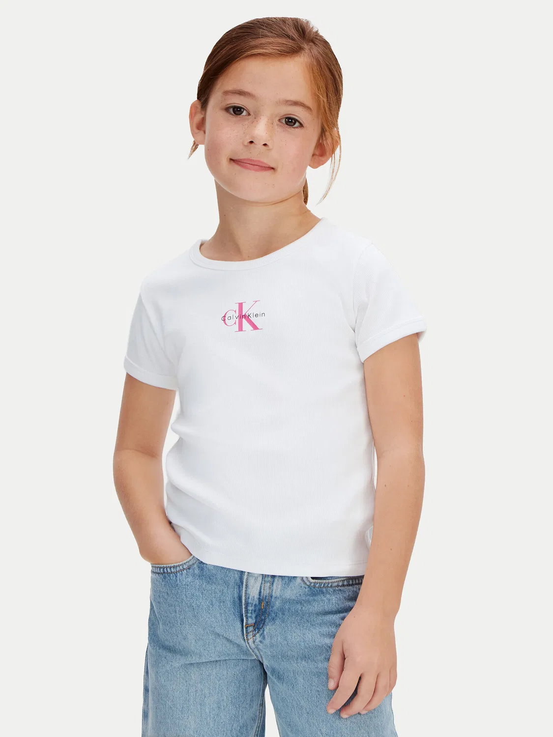 Футболка стандартного кроя для девочки Monologo Calvin Klein Jeans, белый