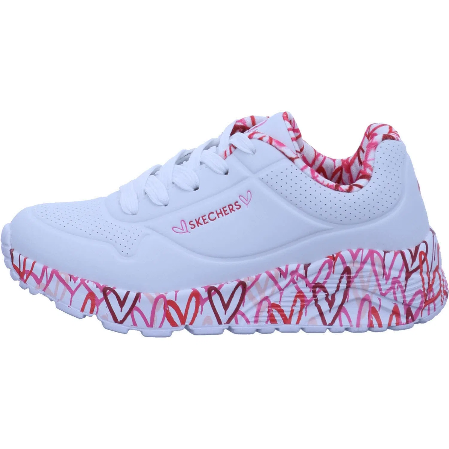 Детские кроссовки для девочек с принтом Uno Lite Lovely Luv Skechers, White White Synthetic Red Pink Trim — фото 2